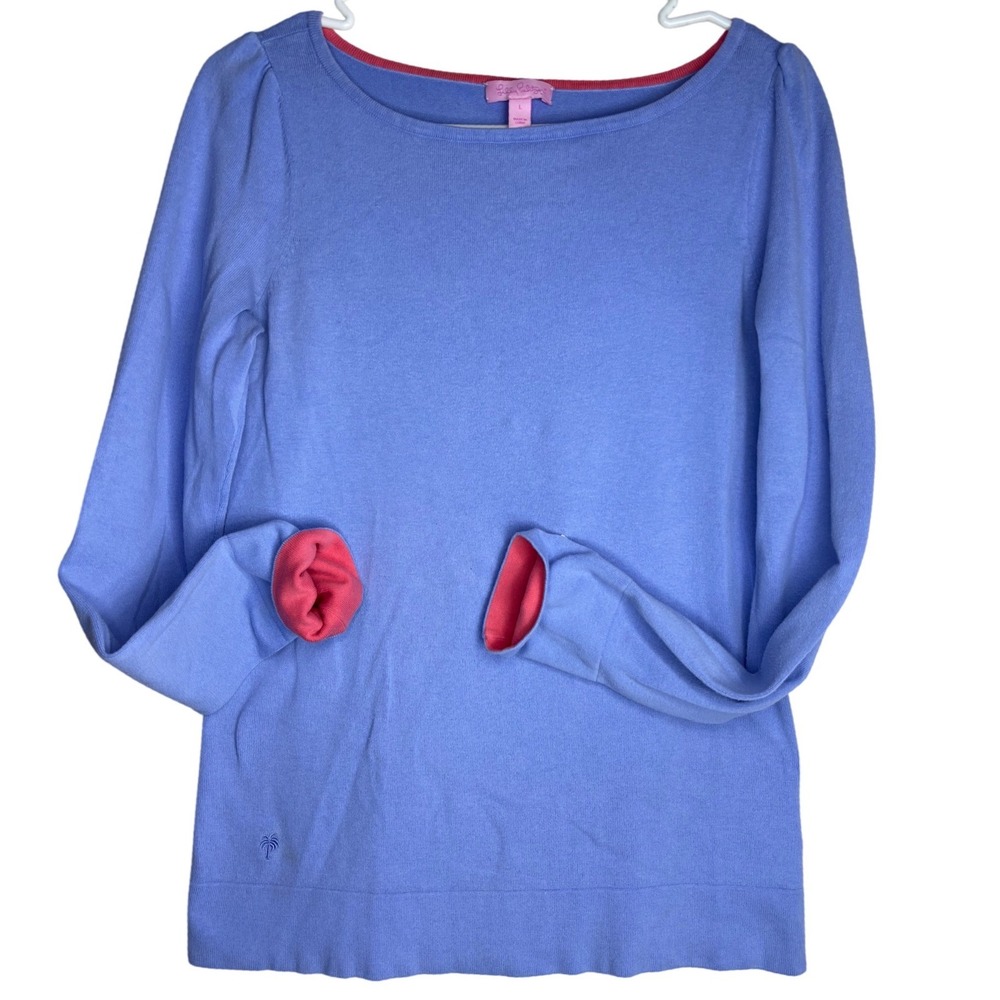 Lilly Pulitzer Sweater Womens L Blue Cotton Knit Boat Neck Long Sleeve